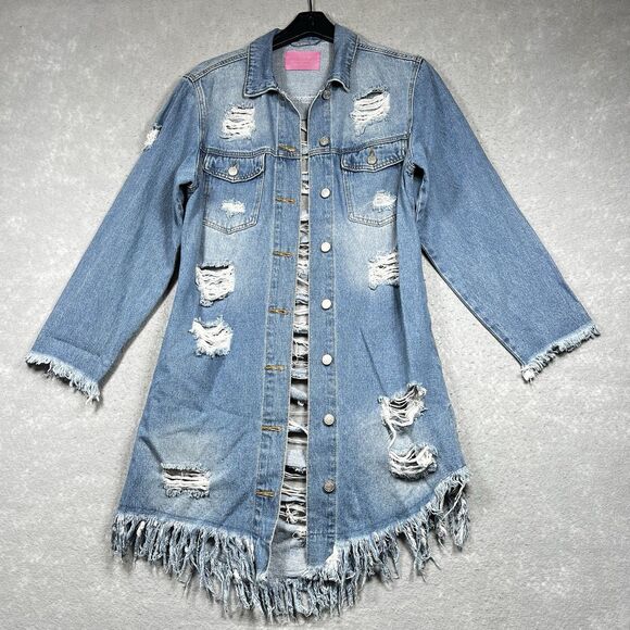 Azalea Wang Jacket Distressed Denim Women’s Large Long Stylish - Picture 2 of 12
